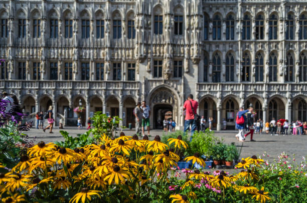 mercato dei fiori nella famosa grand place di bruxelles, belgio - brussels belgium market flower market foto e immagini stock