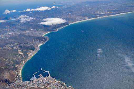 The small harbor in Simon's Town on the Cape Peninsula south of Cape Town seen from an airplane on a clear day