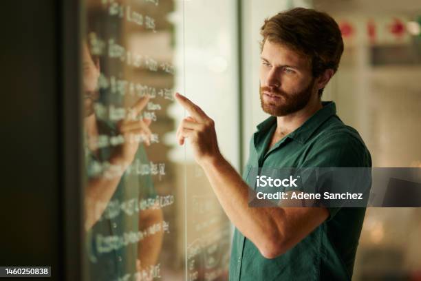 Man With Code Man Programmer And Code With Glass Board And Remote Work Thinking With ...