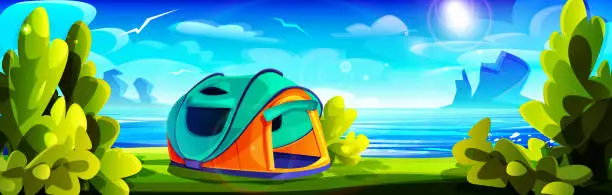 Vector illustration of Camping and tourism concept in cartoon style. Sunny summer mountain landscape with a tourist tent on the background of the river and lush greenery.