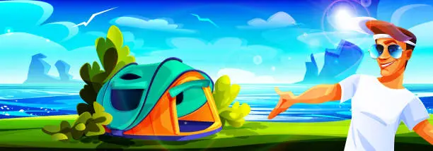 Vector illustration of Camping and tourism concept in cartoon style. Sunny summer mountain landscape with a tourist on the background of the river and lush greenery.