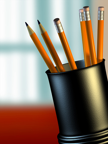 Some new pencils in a plastic holder. Digital illustration, 3D rendering.