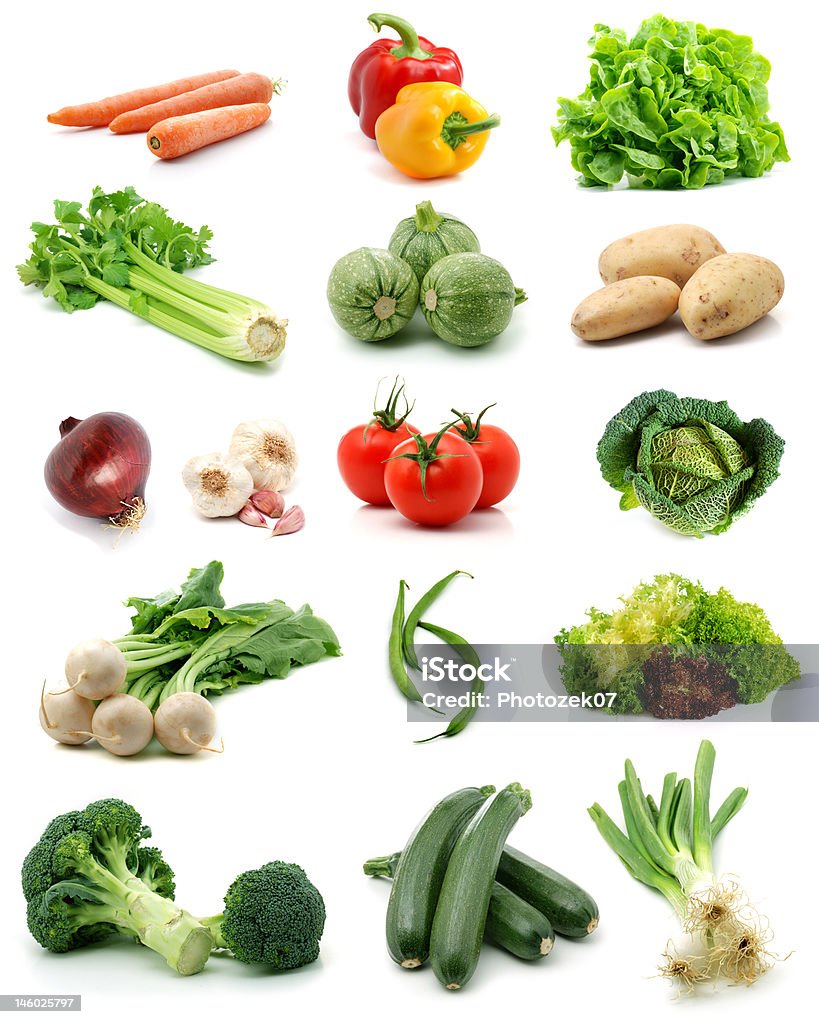 Vegetables collection Different vegetables isolated over white. Tomato Stock Photo