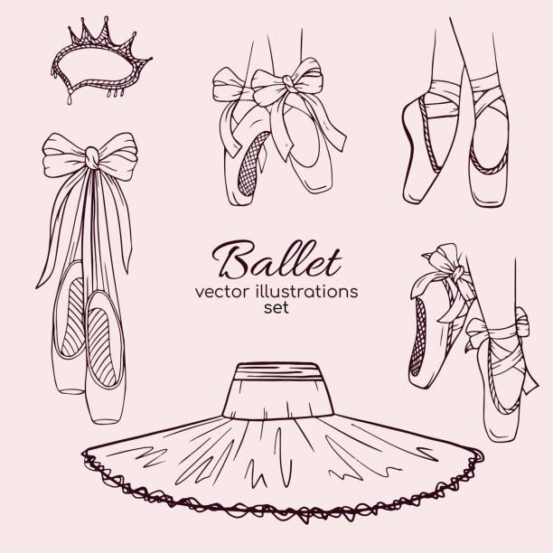 Hand drawn ballet set. Hand drawn sketch ballet set. Shapes of ballerina, pointe shoe and dress. Linear brush sketch with shadow silhouettes. Pastel contour drawing templates. ballet shoe stock illustrations