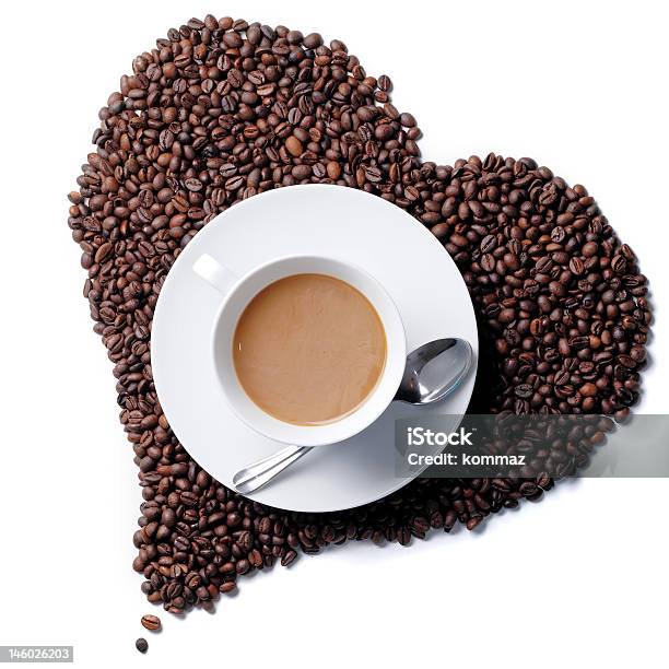 Top View Of Coffee Cup With Heart Shaped Beans Stock Photo - Download Image Now - Addiction, Black Color, Breakfast