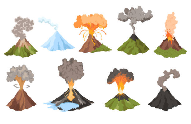 火山のアイコン。煙で吹き上がるマグマの性質。覚醒したバルカンの活動は、火と煙の要素です。火山噴火セット。平らな漫画のベクターイラスト - erupting点のイラスト素材／クリップアート素材／マンガ素材／アイコン素材