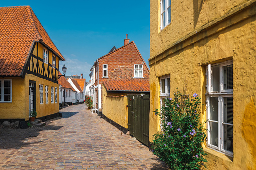 Street with old, colourful houses in Ribe, Jutland, Denmark