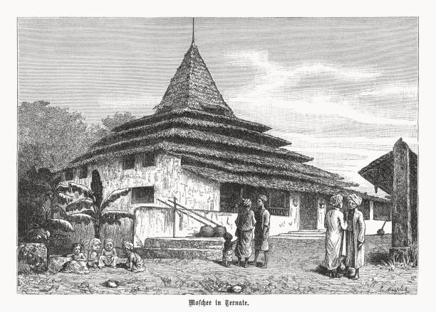 Sultan of Ternate Mosque, Maluku, Indonesia, wood engraving, published 1899 Historical view of the Sultan of Ternate Mosque in late 19th-century. Ternate is a city in the Indonesian province of North Maluku and an island in the Maluku Islands. The current mosque building was probably built in early 17th-century, around 1606, by the ninth Sultan Hamzah and has been restored several times, including the replacement of the original sago thatched material of the roof with corrugated steel, as well as demolition of some of the fence and other additional buildings. Wood engraving after a drawing, published in 1899. ternate stock illustrations