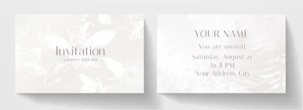 Vector illustration of Invitation card with white orchid flowers design. Floral horizontal vector template for wedding invite