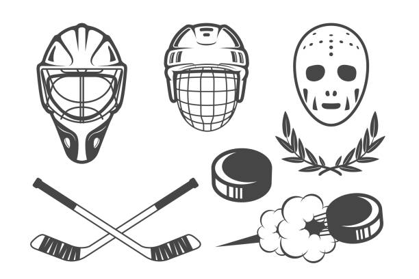 Ice hockey emblems, hockey helmets and retro goalkeeper mask, flying hockey puck, vector Ice hockey emblems, hockey helmets and retro goalkeeper mask, flying hockey puck, vector hockey stock illustrations