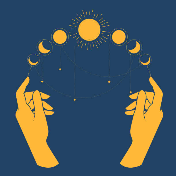 Hands of sorcerer with lunar phases on fingers, moon fortunetelling, horoscope and astrology prediction, vector Hands of sorcerer with lunar phases on fingers, moon fortunetelling, horoscope and astrology prediction, vector half moon stock illustrations