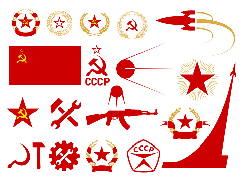 USSR symbolix, communism and socialism icons set, soviet emblems, star, hammer and sickle, USSR flag and star, wreath of wheat and laurel wreath, spacephip and satellite, vector