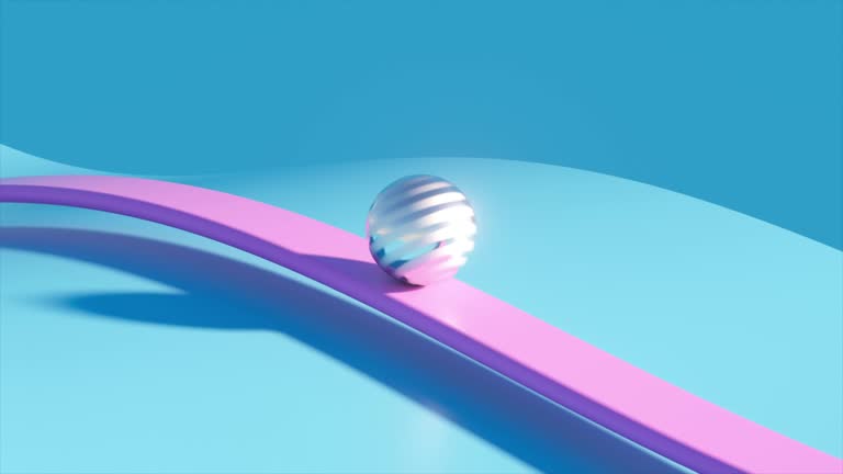 A loopable 3d render animation of ball sliding metallic, pink and blue wave surface. Seamless loop 3d animation