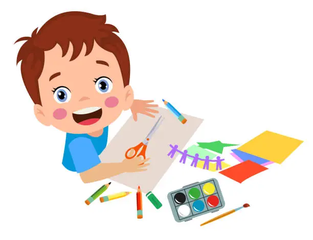 Vector illustration of kids cutting colored paper with scissors and painting