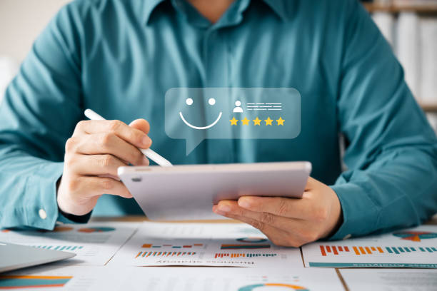 istock Customer Satisfaction Survey concept, 5-star satisfaction, service experience rating online application, customer evaluation product service quality, satisfaction feedback review, good quality most. 1460273601