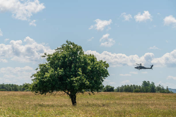 istock Apache in combat. Helicopter battle training, low flight in natural airfield on Suur-Pakri island, Estonia, Europe. 1460273904