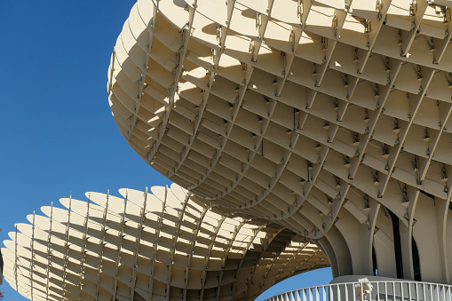 The Metropol Parasol, a modern art building with a honeycombed roof housing the market in the old town of Seville, Andalucia, Spain