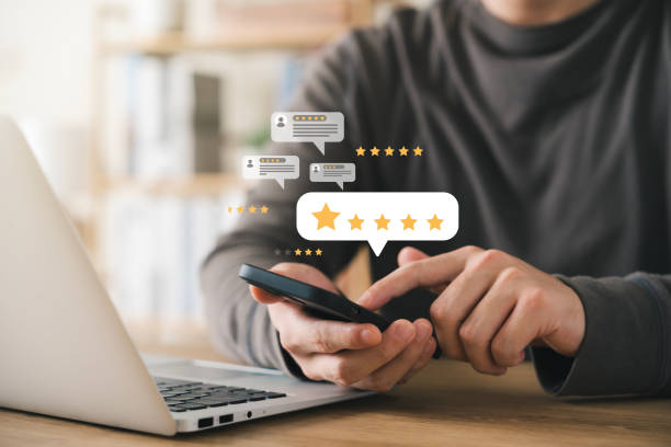 Customer Satisfaction Survey concept, 5-star satisfaction, service experience rating online application, customer evaluation product service quality, satisfaction feedback review, good quality most. stock photo