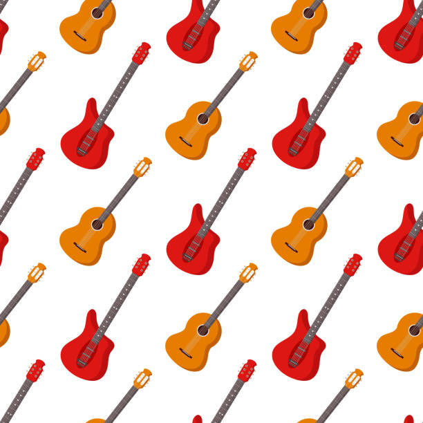 ilustrações de stock, clip art, desenhos animados e ícones de guitar pattern on white flat background - classical music music musical instrument brown