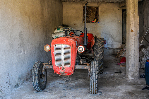 A vintage red tractor
