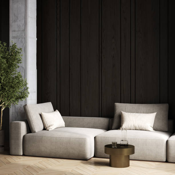 istock Light beige room interior, living room interior mockup, empty gray wall, 3d rendering 1460278443
