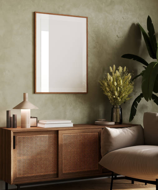 istock Mock up frame in white home interior background, bright room with minimal decor, 3d render 1460278906