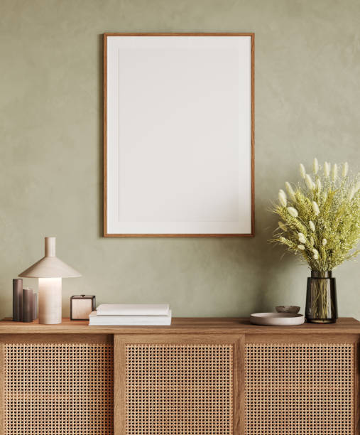 istock Vertical wooden frame mockup on green wall background and wooden console, 3d rendering 1460278928
