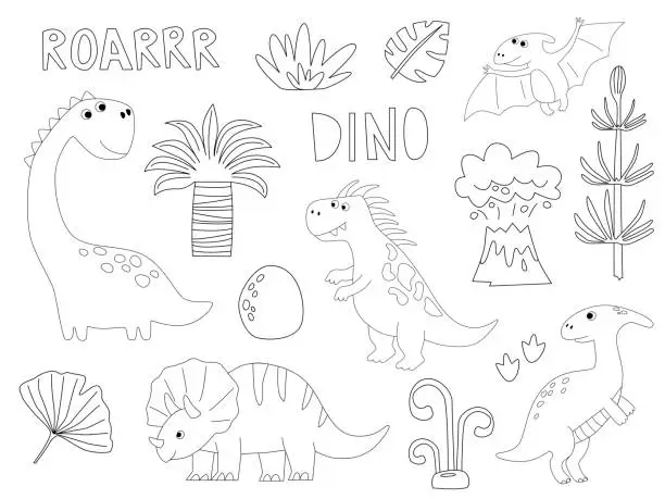 Vector illustration of Set of cute dinosaur outlines in cartoon style. Kids coloring book illustrations.