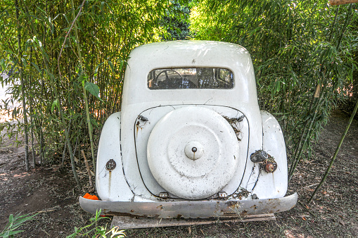 discarded old car in overgrown grass next to the wall
