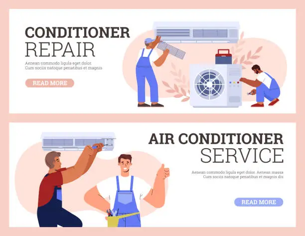 Vector illustration of Technician maintenance and repairing air conditioners, flat vector illustration.