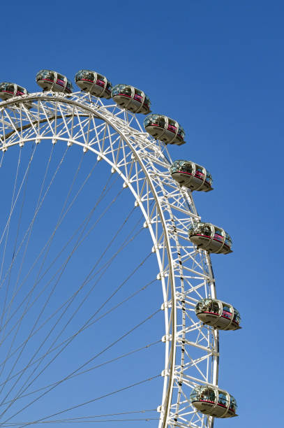 Passenger cabins on the London Eye against a blue sky London, UK - August 2022: Capsules on the outside of the London Eye in central London buggy eyes stock pictures, royalty-free photos & images