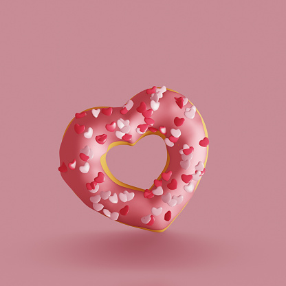 Sweet food icon. Heart shape donut with pink glaze and sugar sprinkles. 3d render