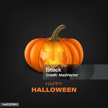 istock Vector Halloween Pumpkin on Black Background. Cute Jack-o-lanterns, Carved Pumpkin Face for Invitations, Cards, Wrapping, Banners Design. 3d Realistic Pumpkin 1460283843
