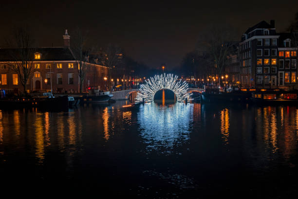 City scenic from Amsterdam at the Amstel in the Netherlands by night