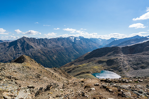 Mountains and peaks landscape covered with glaciers and snow, natural environment. Hiking in the Gaislach. Ski resort in Tirol alps, Austria, Europe