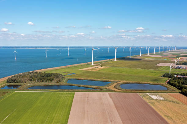 Aerial from wind turbines in the IJsselmeer in Friesland  in the Netherlands stock photo