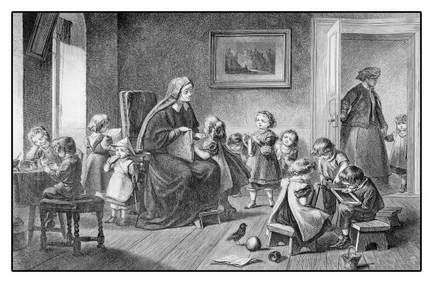XIX century engraving, Nursery scene: young nun entertains toddlers at playschool