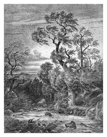 Autumnal stormy wind in the countryside, XIX century engraving