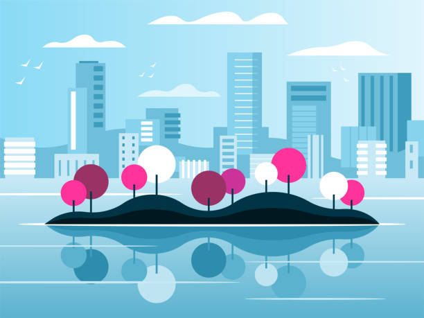 illustrazioni stock, clip art, cartoni animati e icone di tendenza di isola sullo sfondo di una città - tree reflection lake landscape