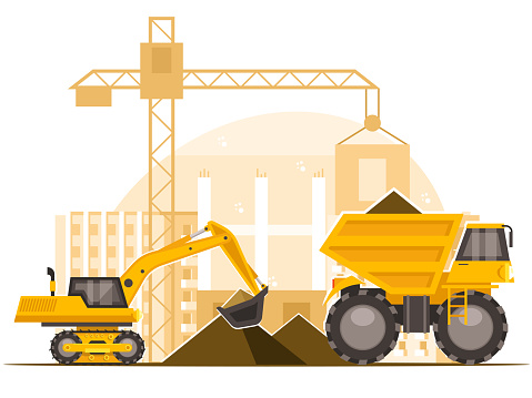 Construction machinery at a construction site. Excavator loads soil into a dump truck. Vector illustration