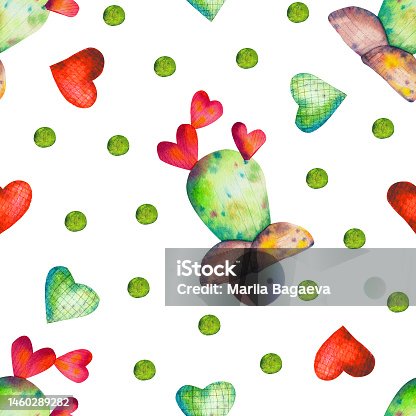 istock Watercolor hand painted seamless pattern cactuses 1460289282