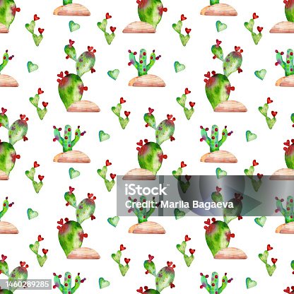 istock Watercolor hand painted seamless pattern cactuses 1460289285