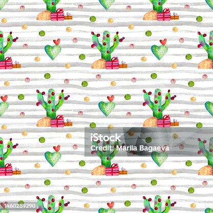 istock Watercolor hand painted seamless pattern cactuses 1460289290