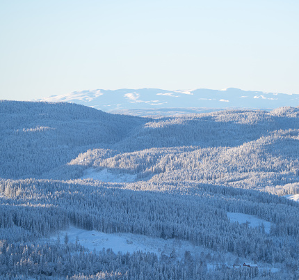 Nordmarka forest with Norefjell mountain in the horizon seen from Tryvann winter park.