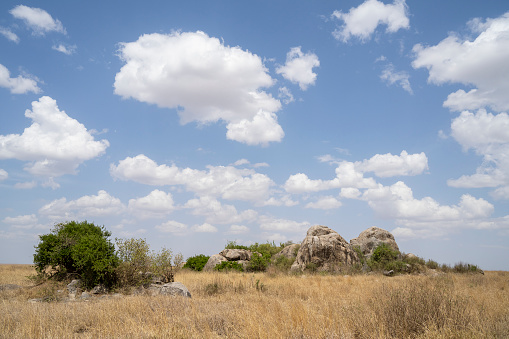 Inselbergs in the african savanna in Tanzania, on a partially cloudy day.