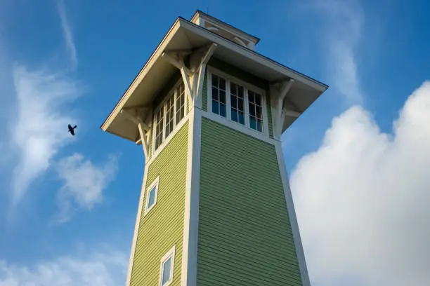 Green Victorian-style decorative or observation tower with a bird flying by and a beautiful blue sky in the background