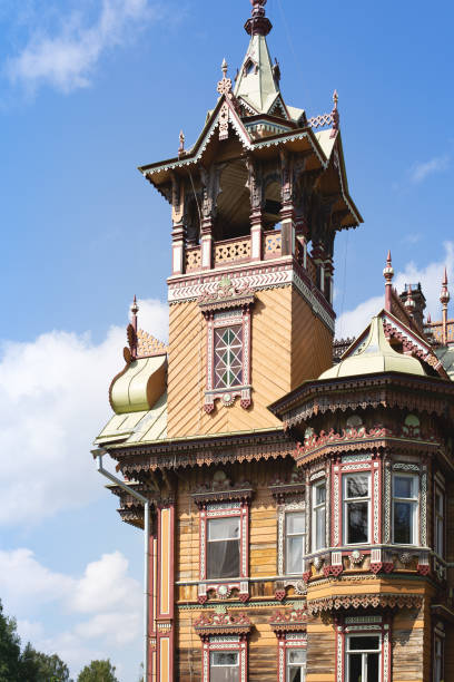 Astashovo, Kostroma region, Russia - July 27, 2022: Part of fully restored wooden Russian house built in 1897, forest hotel, living museum now.