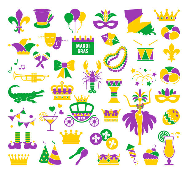 kuvapankkikuvitukset aiheesta mardi gras -karnevaalisarjan kuvakkeet, tasainen tyyli. kokoelma mardi gras, naamio höyhenillä, helmillä, jester-hattu, fleur de lis - mardi gras
