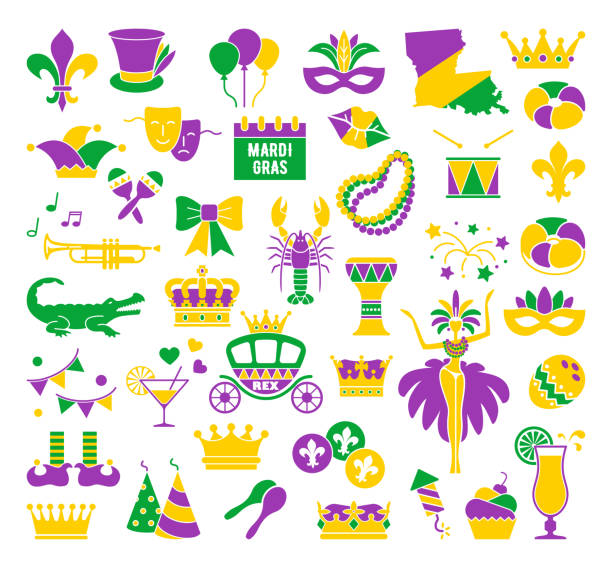 Mardi Gras carnival set icons, flat style. Collection Mardi Gras, mask with feathers, beads, jester hat, fleur de lis Mardi Gras carnival set icons, design element , flat style. Collection Mardi Gras, mask with feathers, beads, joker, fleur de lis, comedy and tragedy, party decorations. Vector illustration, clip art parade float stock illustrations