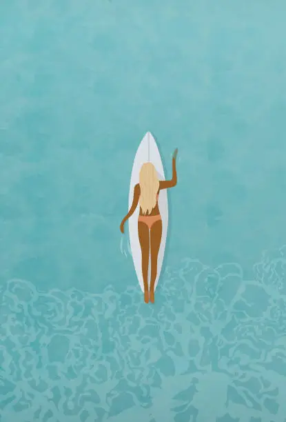 Vector illustration of Surfer girl in bikini puddle out above illustration